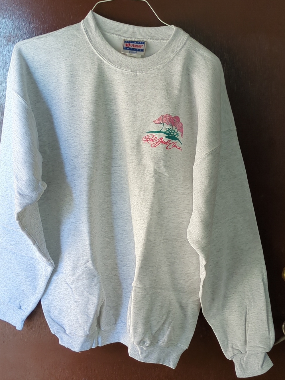 Hanes Light Gray Sweatshirt with Pink Floral Graphic Adult Size L